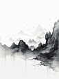 极简主义山水插图，水墨山脉由不同的线条组成黑白