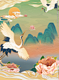 中国风手绘山水仙鹤