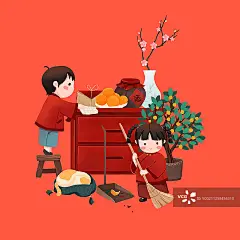 年俗腊月二十四姐弟俩掸尘扫房子手绘插画图片素材