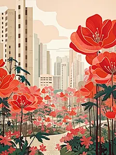 平面插图深圳市木棉树上开满了红花水彩画海报