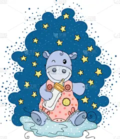 牛奶,绘画插图,夜晚,婴儿奶瓶,星星,小河马,拿着,饮料,奶制品,背景分离