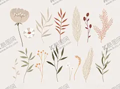 典雅风矢量手绘花卉树叶元素 【酷图网】典雅风,手绘花卉,树叶元素,扁平风插画,卡通插画,手绘插画,插画设计,矢量元素,元素设计