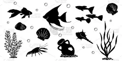 在白色背景上隔离的一组海洋生物；由水貂、金鱼、天使鱼、小龙虾、贝壳和破碎的黏土罐组成的黑色逼真的轮廓