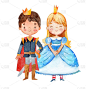 一个可爱的小王子和穿着蓝色裙子的公主的水彩画插图。小女孩和小男孩被水彩花圈包围着。孤立的