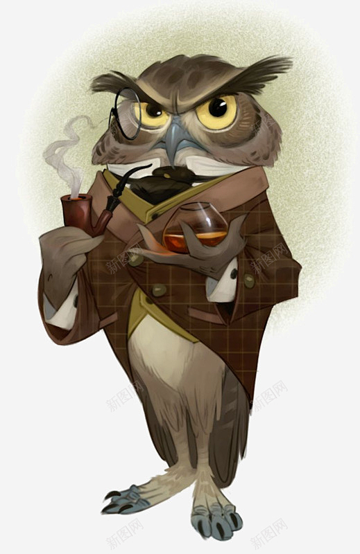 吸烟的猫头鹰高清素材 手绘 烟斗 猫头鹰...