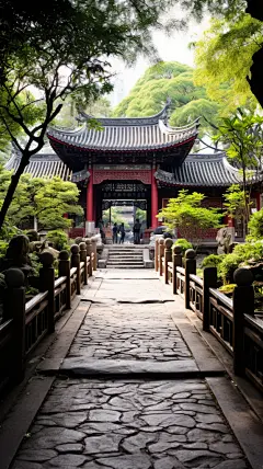 蓝天白云古风建筑3d古风建筑植物树木