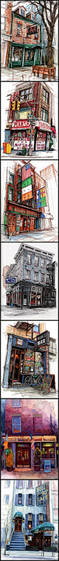 Stephen Gardner街头插画作品，作者用马克笔或水溶彩铅记录下来一座又一座他光顾过的酒吧和咖啡馆，仿佛诉说着每个酒吧或咖啡馆曾经发生的故事 →http://t.cn/zYOhocX