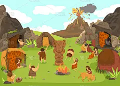 史前原始人定居点、石器时代部落卡通人物、火山爆发、病媒图解