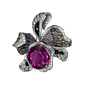 卡地亚Caresse d'Orchidées高级珠宝胸针 白18K金，一颗46.12克拉枕形紫色电气石，窗镶珐琅，缟玛瑙，明亮式切割圆钻。@北坤人素材