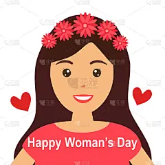 女性粉色连衣裙与花朵在头发上在平面设计。女人节快乐。国际妇女日。女孩的力量。