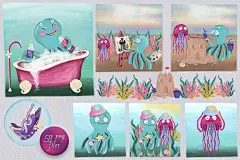 手绘水彩可爱海洋动物水母章鱼插画素材 Ocean Friends