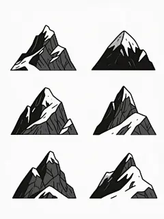极简主义黑白风格的系列山地插画集合，画面采用纯白色纯色背景，六个完全不同造型的山峰元素规整排布，每个山峰均保持写实的岩石纹理与积雪覆盖的质感，通过不同的山体轮廓、峰峦形态、山脊走向和积雪分布呈现多样性，整体构图平衡对称，黑白对比鲜明，线条简洁有力，具有强烈的现代设计感与视觉统一性，适合作为系列素材使用。