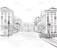 系列的街道在旧城的景色。手绘矢量建筑背景与历史建筑.