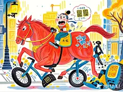 中国经典_三国演义动画剧本《荆江疯云》绘本分镜13：共享赤兔关键场景：赤兔马变为共享单车，扫码失败爆胎情感转折：古典坐骑的现代解构AI提示词：景别：中景主体特征：马头配共享单车车身，二维码褪色破损表情