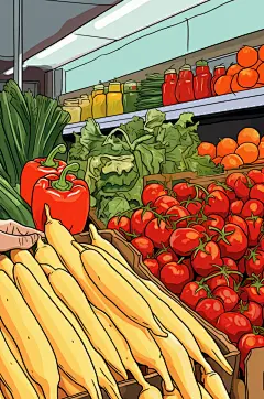 AI数字艺术菜市场生鲜蔬菜市场线条插画