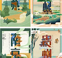 PS素材图古风建筑中国风国潮城市海报插画扁平风 PSD排版设计模板-淘宝网