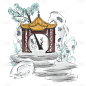单顶凉亭元素创意贴纸-水墨风
