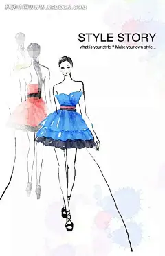 T型台上的时尚水彩人物画PSD分层素材PSD分层素材|PSD素材|高腰礼服|卡通人物|蓝色礼服|漫画人物|模特|摩登女郎|时尚女郎|水彩人物画|走T台