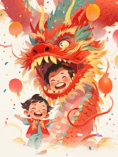 中国小朋友、龙和烟花在一起，手绘年画，白色背景，在风格上交织