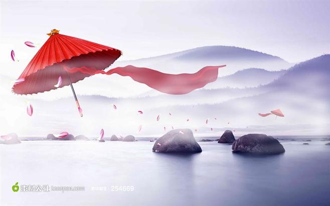 高山前面红色的伞地产广告