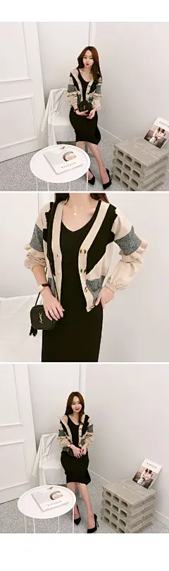 冬季新款Minsshop韩国官网正品女装 简约显廋拼色针织两件套装-淘宝网