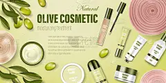 化妆品海报广告。现实的玻璃瓶，绿色橄榄和柔软的花朵。采购产品面霜，洗体，洗液，除臭剂，化妆品瓶子模板