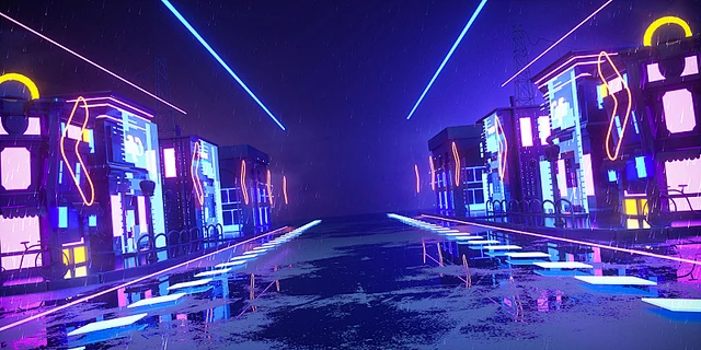 蓝色c4d赛博朋克酷炫建筑城市霓虹灯场景背景-花瓣网