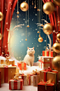 Christmas space with presents and baubles, in the style of vibrant stage backdrops, daz3d, whimsical cats, depictions of theater, wollensak 127mm f/4.7 ektar, rtx on, eye-catching