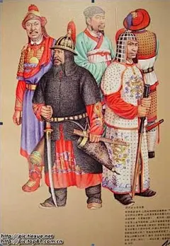 17、图为明代武士复原图。明代军士服饰有一种胖袄，其制：“长齐膝，窄袖，内实以棉花”，颜色所为红，所以又称“红胖袄”。骑士多穿对襟，以便乘马。作战用兜鍪，多用铜铁制造，很少用皮革。将官所穿铠甲，也以铜铁为之，甲片的形状，多为“山”字纹，制作精密，穿着轻便。兵士则穿锁字甲，在腰部以下，还配有铁网裙和网裤，足穿铁网靴。
