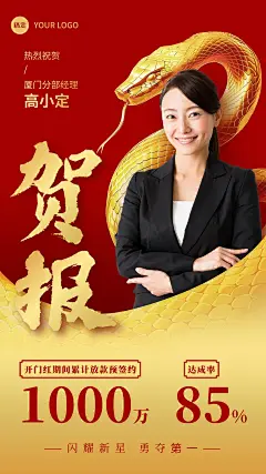 金融保险春节开门红销售业绩表彰人物喜报贺报喜庆国风手机海报