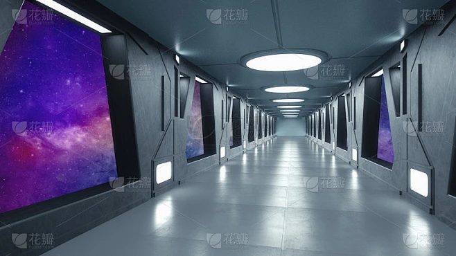 3 d渲染。未来宇宙飞船科幻走廊建筑素材-花瓣网