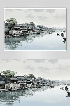 AI数字艺术水墨风徽派建筑江南水乡插画-众图网