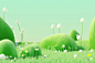 3d green grass and trees in the grass, in the style of playful, whimsical illustrations, delicate flowers, rendered in cinema4d, mori kei, playful cartoons, spiky mounds, white and green