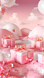 粉色氛围，情人节，粉色复古圆形建筑，左边打开的礼盒，近距离几枝粉色的花，右边上下堆积的礼盒，漂浮的白云和粉粉的气球，粉色地面，3D渲染，C4D，明亮的