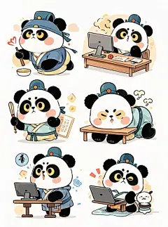 咒语：可爱的汉服熊猫，表情符号，各种表情，生气，高兴，郁闷，发愁，不同的情绪，不同的姿势，工作中，吃饭，上课，上班，睡觉，学习，生活小场景，极简主义，手绘插图风格， 浅色主色