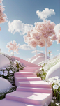 pink step steps leading to the ground with white flowers and trees, in the style of rendered in cinema4d, biomorphic forms, serene pastoral scenes, bunnycore, playful shapes, sketchfab, lively landscapes