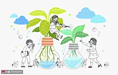 水培植物 灌溉观察 成长记录 儿童插图插画PSD26 人物插画 可爱宝宝