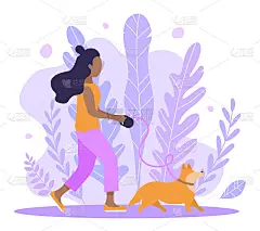 向量抽象紫罗兰背景和非洲黑人女孩与狗柯基走。春天的插画创造浪漫的心情。插图为宠物主人，宠物商店，狗保