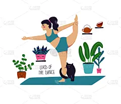女孩,瑜伽,猫,神,舞蹈,贺卡,运动,体操,平衡,禅宗