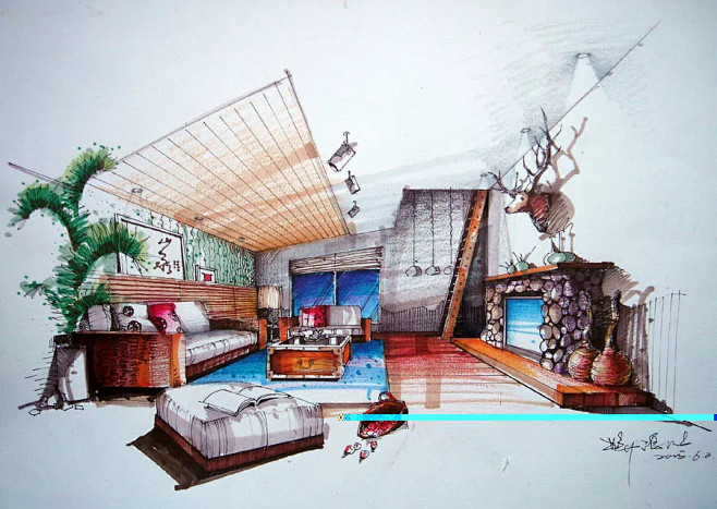 手绘环艺室内手绘练习3马克笔上色家居环境餐饮公共住宅空间手绘效果