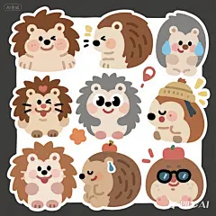 jimeng-2025-07-12-8191-生成一组可爱的简约的，手绘的或者扁平风刺猬IP形象，呆萌，憨憨的，生成一组表情包