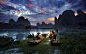 General 1920x1200 landscape sunrise nature mountain sky river clouds boat birds lights trees men shrubs China