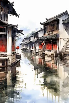 彩绘水墨风徽派建筑江南水乡插画图片