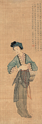 改琦——【吴越春秋：越王以吴王好色，于苧萝山得鬻薪之女二，曰西施、郑旦。饰以罗縠，教以容步。三年使范蠡献于吴。吴王大悦，西施尝浣纱水上，后人因以名其溪楼颖诗云：昔日浣沙津，石上青苔思煞人，一去姑苏不复返，岸旁桃李为谁春】仕女人物 立轴欣赏 | 
清|改琦(1773-1828)字伯韫号香白，又号七芗、玉壶山人、百蕴生、改伯、横泖渔父等。工仕女人物佛像花鸟兰竹。宗法华岩，喜用兰叶描，仕女衣纹细秀，树石背景简逸，造型纤细，敷色清雅，创立了仕女画新的体格，时人称为"改派"。