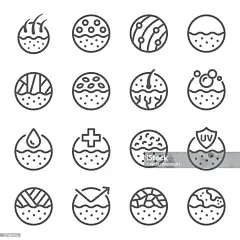Skin dermatology icon illustration vector set. Contains such icon as Cell, Treatment, Collagen, Dry skin, UV protection , Epidermis, skincare and more. Expanded Stroke Dermatology stock vector
