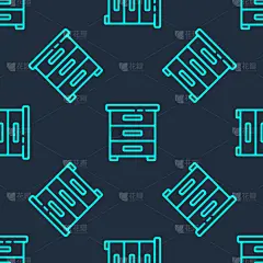 绿色线抽屉与文档图标隔离无缝模式在蓝色背景。归档文件的抽屉里。文件柜的抽屉里。办公家具。矢量图