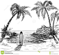 Landscape+Pencil+Sketches | Seascape drawing with palm trees and surfboard in the sand.