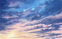 唯美梦幻紫粉色天空白云阳光流星原创插画素材