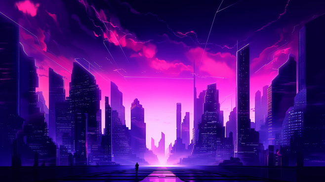 赛博朋克彩色未来感科技化城市夜晚背景插画