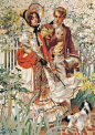 自由绘画 J.C. Leyendecker（作品） 人物画 情侣（绘画） 人与花 走路 人与动物 狗（狗） 遮阳伞 帽子 连衣裙 两个人 手放在胸前 Guess